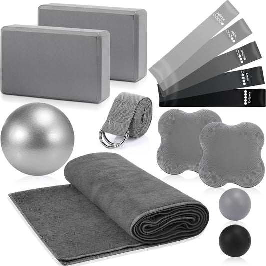 Simgoing 14 Pcs Yoga Kits for Home Workouts Pilates Equipment Set for Women Beginners, Hot Yoga Towel Blocks Strap, Knee Pad, Resistance Loop Exercise Band, Massage Lacrosse Ball, Pilates Ball