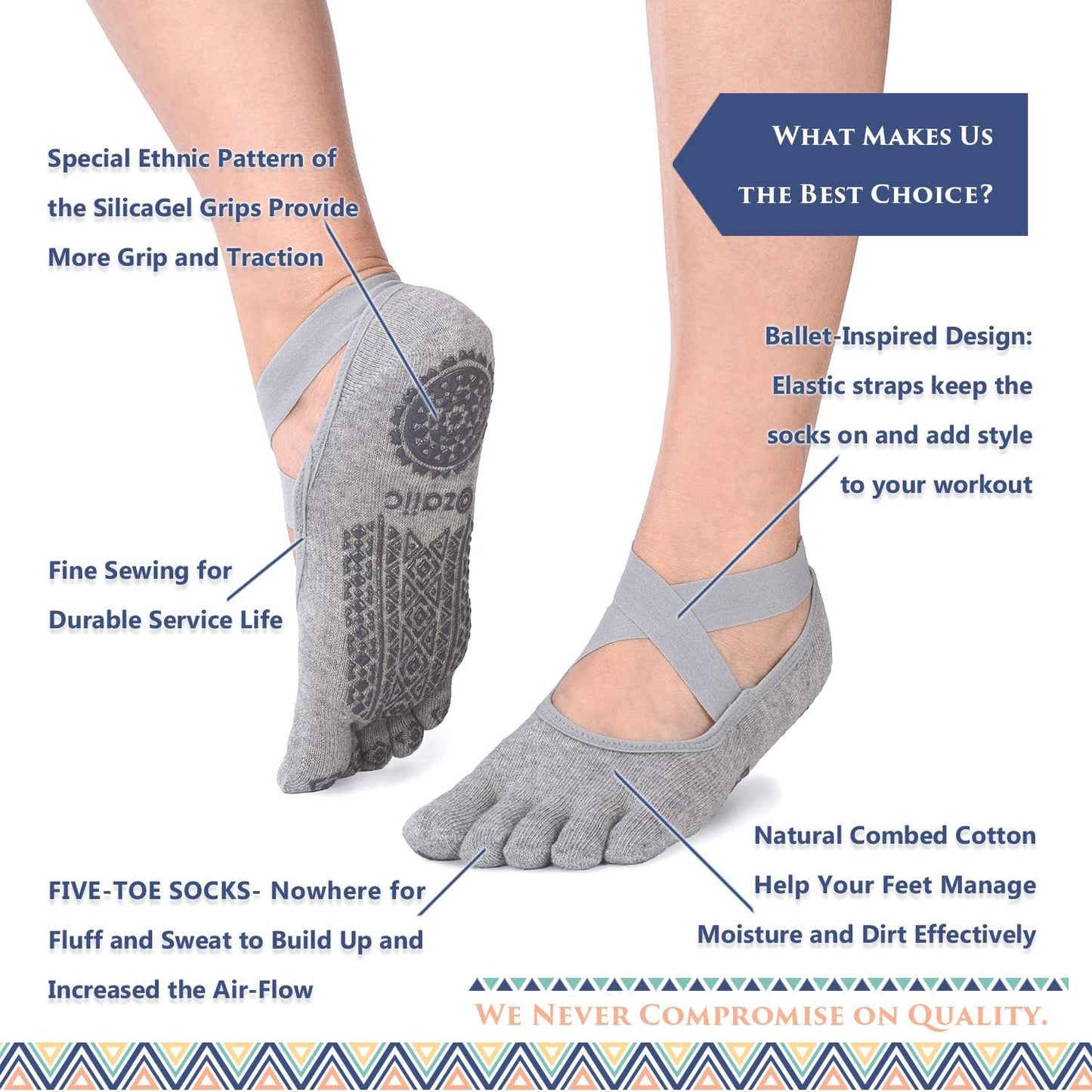 Ozaiic Yoga Socks for Women with Grips, Non-Slip Five Toe Socks for Pilates, Barre, Ballet, Fitness