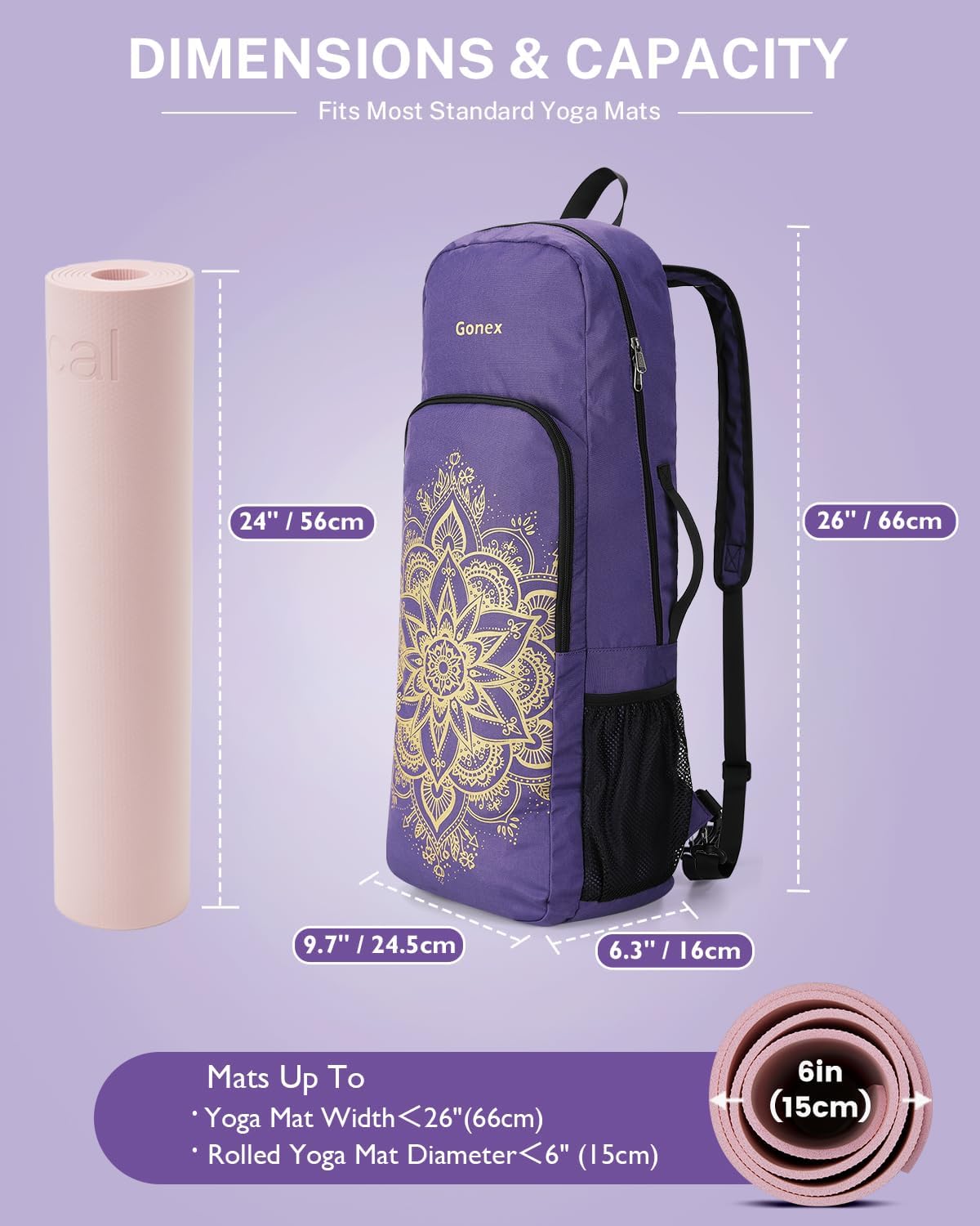 Gonex Yoga Mat Bag, 2 Carry Ways Yoga Backpack with Wet Compartment Metal Zippers for Women Men, Large Capacity Yoga Mat Carrier for Yoga, Gym, Travel