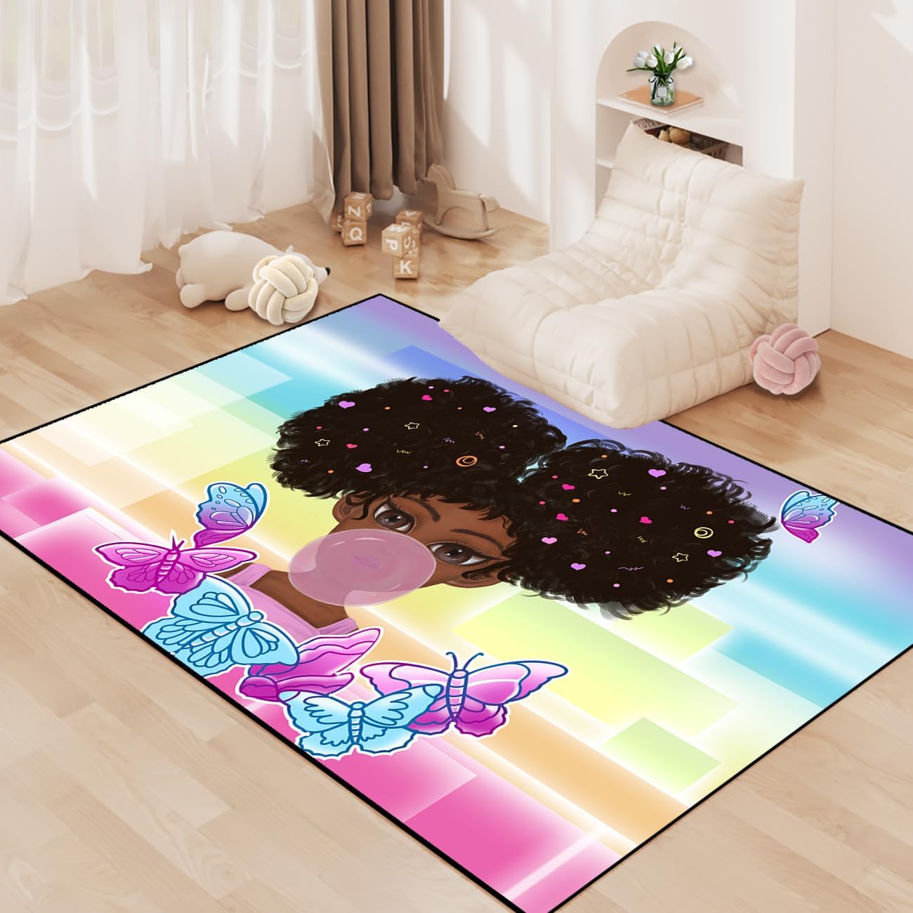 Black Girl Area Rug for Bedroom African Black Girls Floor Rugs for Living Room Playroom Cartoon Art Home Decor Soft Yoga Mats for Women Afro Purple 47" x 31" (2.7 x 3 Feet)