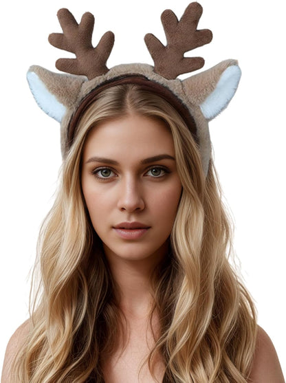 IPENNY 2 Pcs Womens Plush Animal Ears & Horns Headband Halloween Costume Hairbands Cartoon Headbands for Cosplay Makeup, Yoga