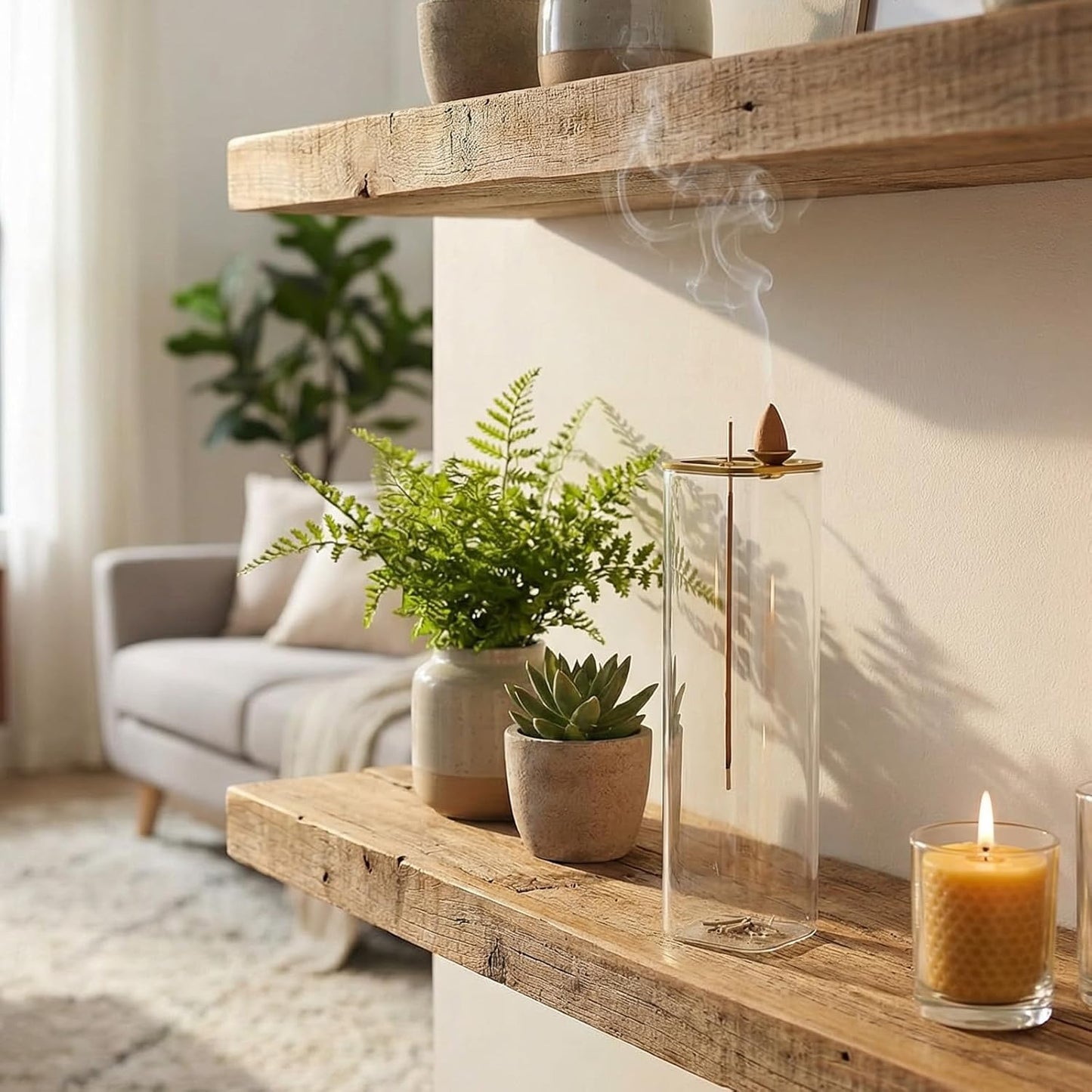 Ceremony Incense Holder, Wooden Incense Holder for Sticks with Glass Ash Catcher, Anti-ash Incense Burner with 20 Incense Sticks and a Ash Brush for Meditation Yoga Spa Room Decor