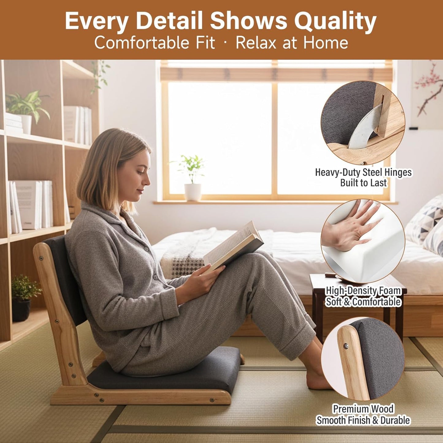 Tiita 2Pcs Floor Games Chair, Foldable Meditation Tatami Chairs, Backrest Chair with Cushion, Living Room Chair Seat, Wood Grey