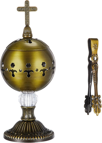 Zonon 1 Set Incense Burner with Tong, Frankincense Charcoal Incense Stand Holder, Ideal for Yoga, Spa, Aromatherapy, Home and Christian Church Censer (Gold,Retro)