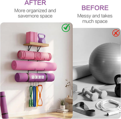 Bikoney Yoga Mat Holder Wall Mount Yoga Mat Storage Home Gym Accessories with Wood Floating Shelves and 4 Hooks for Hanging Foam Roller and Resistance Bands Fitness Home Gym Carbonized Black