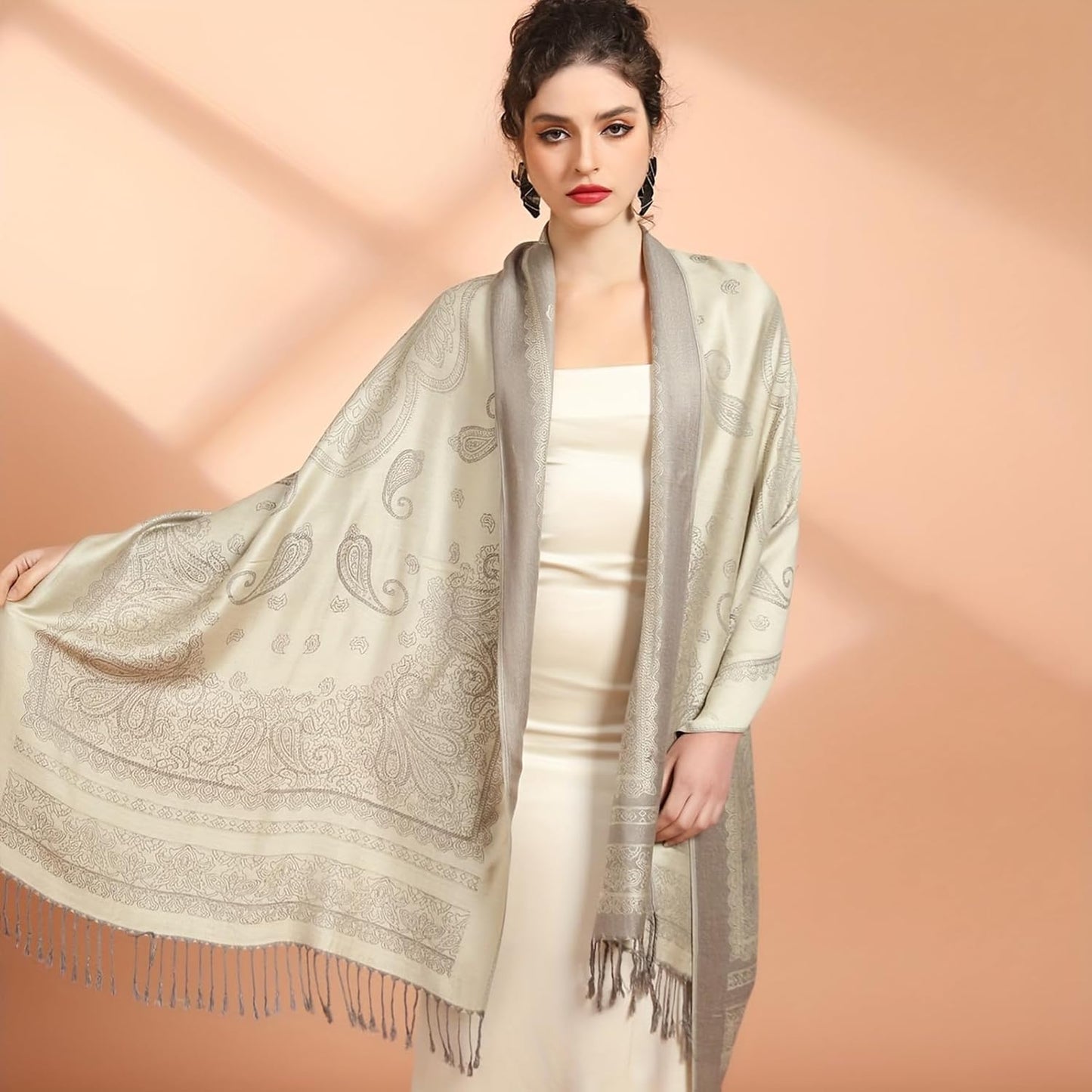 Ciormis Two Tone Silky Paisley Pashmina Shawl Scarf,Soft Women's Rave Jacquard Pashminas Wrap Scarves