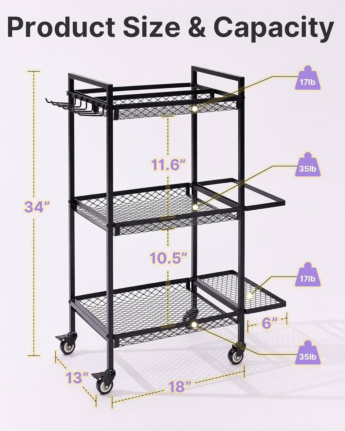 YOTTOY 3-Tier Gym Storage Rack for Home Gym–Multi-Functional Weight Rack, Dumbbell Rack, Yoga Mat Holder with Side Basket & 6 Hooks, Gym Equipment Organizer