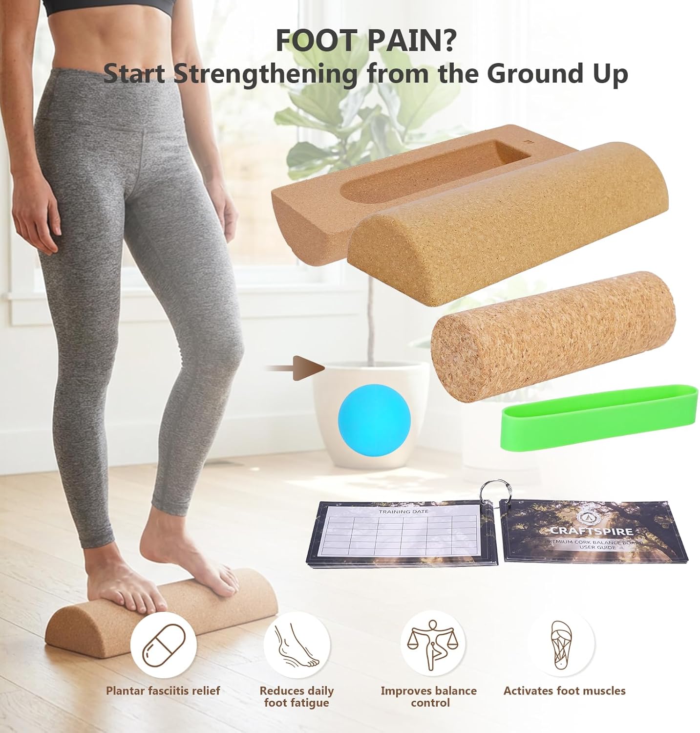 Cork Balance Board, Premium Cork 4-in-1 Foot & Ankle Strengthener Kit, Balance Trainer with Massage Roller & Ball, Toe Resistance Bands, Carrying Bag, Exercise Guide & Training Log for Mobility, Balance & Foot Function