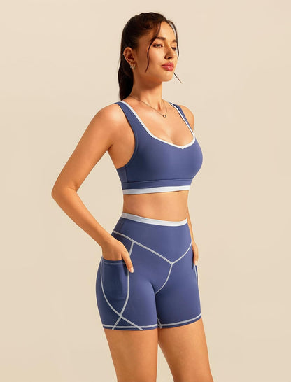 ABOCIW Womens Two Piece Workout Sets Color Block Sports Bra Matching High Waist Biker Shorts Active Gym Yoga Outfits