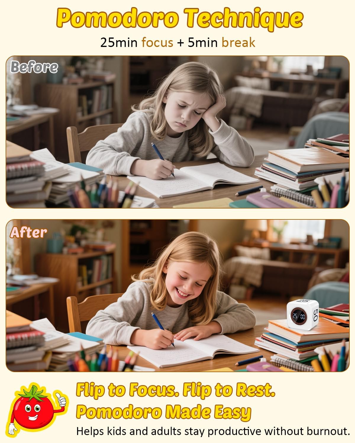 Digital Pomodoro Timer Cube 5/10/25/50min, Visual Productivity Flip Timer for Kids Classroom Desk, Custom Countdown, Silent and Sound Mode for ADHD Study Work Game Kitchen (Black)