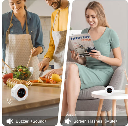 Small Rechargeable Pomodoro Timer, Gravity Sensor Auto-Rotating 7 Preset Times (1/3/5/15/30/60/90 min) & Count Up Mode, Digital Kitchen Timers for Cooking, Work and Study (Pearl White)