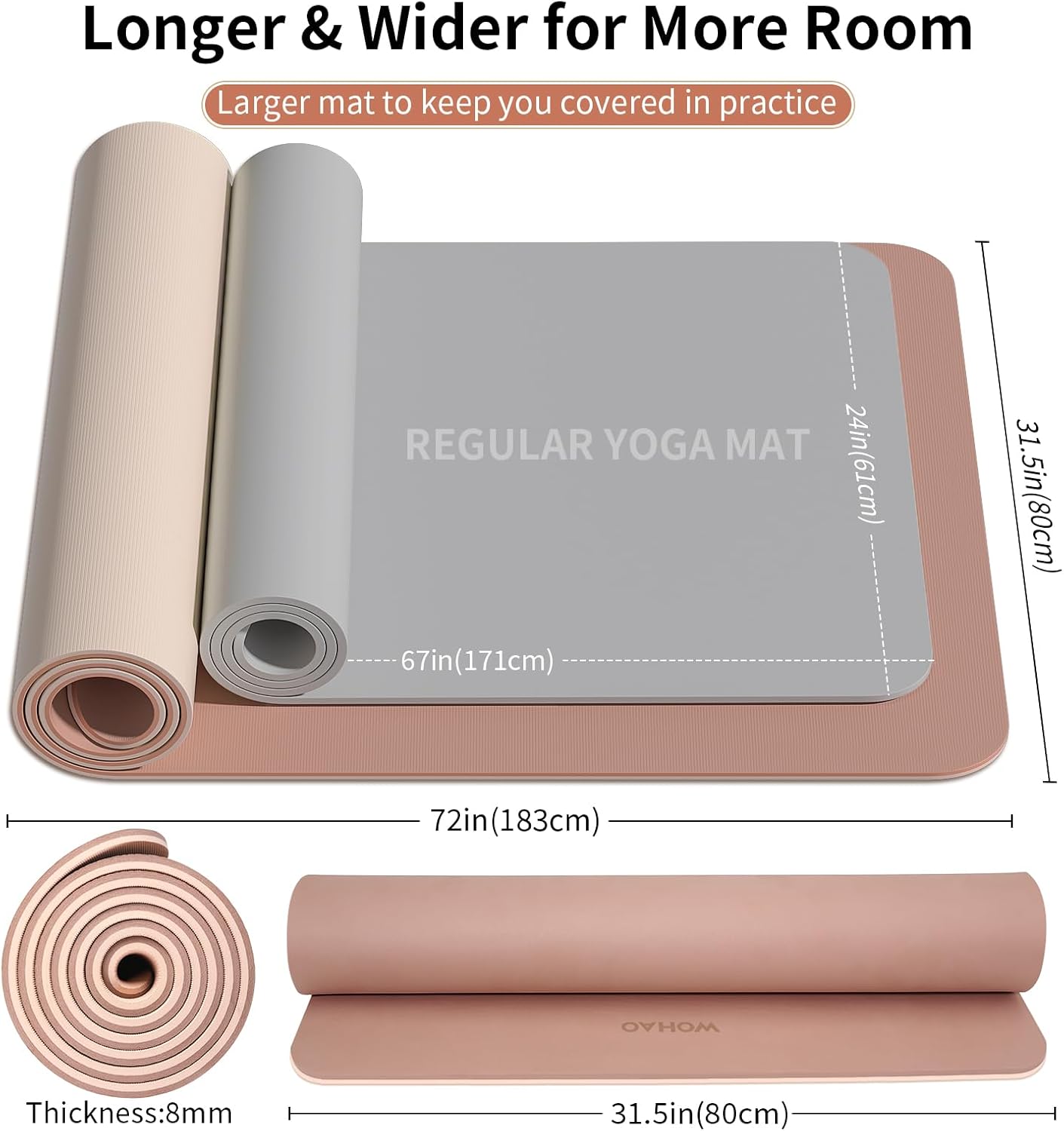Extra Thick 8mm Yoga Mat, 72"x28" Non Slip Exercise Mat, Reversible 2-Sided Dual Color Premium POE Material, with Carrying Strap for Yoga, Pilates, Home Gym