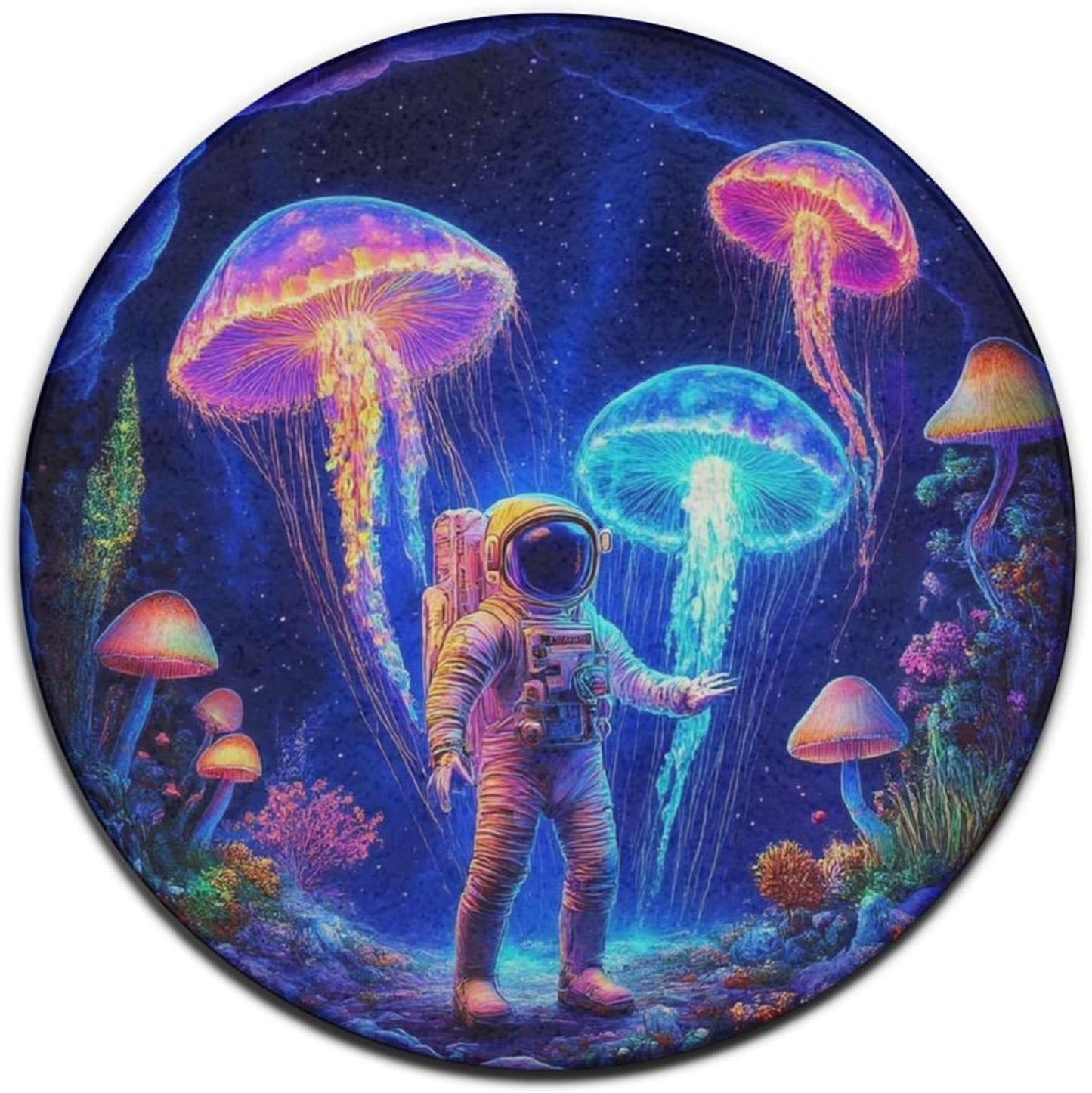 Machine Washable Modern Round Area Rug, Room Sofa Yoga Soft Round Carpet, Home Decor Non Slip Kitchen Office Circle Rug Trippy Rainbow Mushroom Tie Dye Art, 60inch
