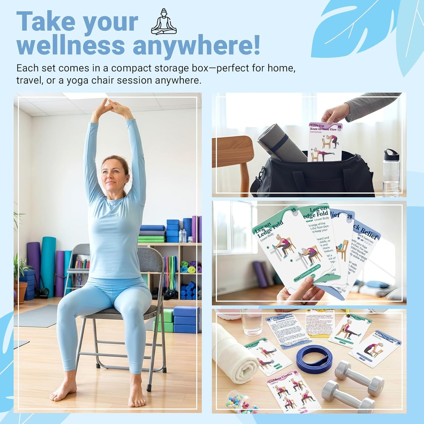 Gentle Chair Yoga Program for Seniors Includes 50 Large Print Exercise Cards that Gently Target Back Relaxation, Core Strength, and Leg Stability.
