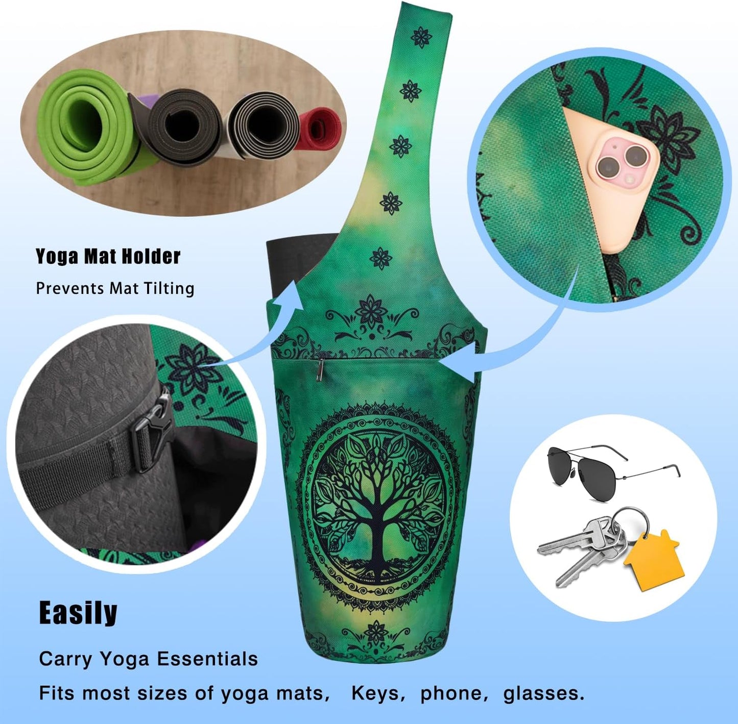 Yoga Mat Bag - Large Opening Long Tote Yoga Mat Carrier Holder Bag with Waterproof Wet Zipper Pocket and Drawstring Water Bottle Pocket - Yoga Bag Fit Most Size Mats