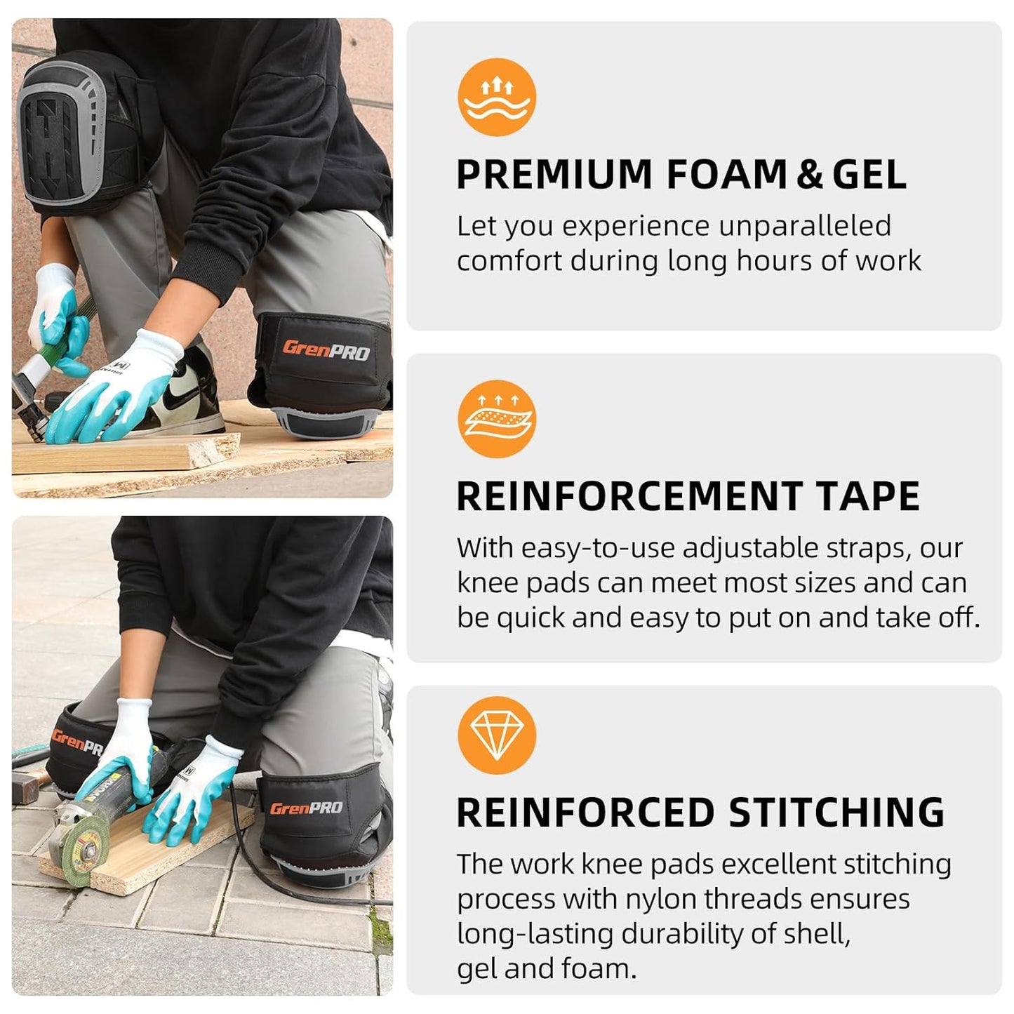 GRENPRO Professional Knee Pads for Work,Heavy Duty Thick Foam Knee Pads Tools, Knee Pad with Soft Gel Cushion for Construction, Work, Flooring, Gardening, Cleaning, Tiling,Gray