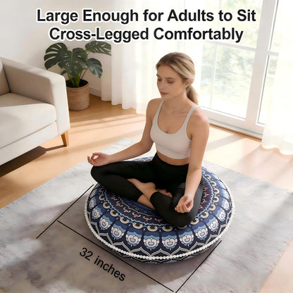 LOVMOC 32 Inch Round Floor Pillow for Adults, Large Thick Memory Foam Boho Mandala Meditation Floor Seating Cushion, Machine Washable for Living Room Outdoor Yoga Floor Sitting, Navy Blue
