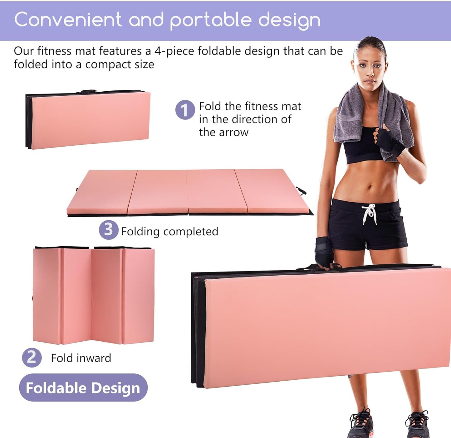 Gymnastics Tumbling Mat Portable Gymnastics Mat Foldable Tumbling Mat 2ft W 6ft L/4ft W 6ft L/4ft W 8ft L/4ft W 10ft Exercise Mat Yoga Mat with Carrying Handles for Yoga Gymnastics