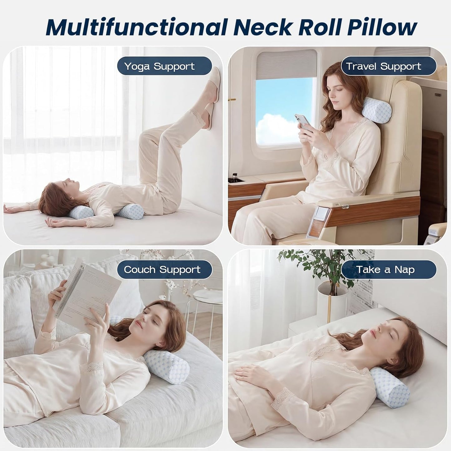Neck Roll Pillow, Memory Foam Neck Support Pillows, Round Neck Pillows, Cylinder Bolster Pillows for Bed, Couch, and Yoga, Removable Washable Cover,18 * 4.1 * 4.1inch (Cool-Blue)