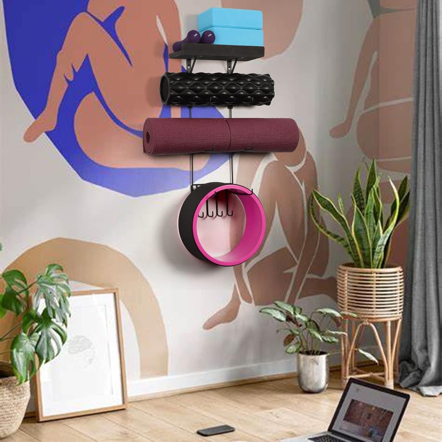 Bikoney Yoga Mat Holder Wall Mount Yoga Mat Storage Home Gym Accessories with Wood Floating Shelves and 4 Hooks for Hanging Foam Roller and Resistance Bands Fitness Home Gym Carbonized Black