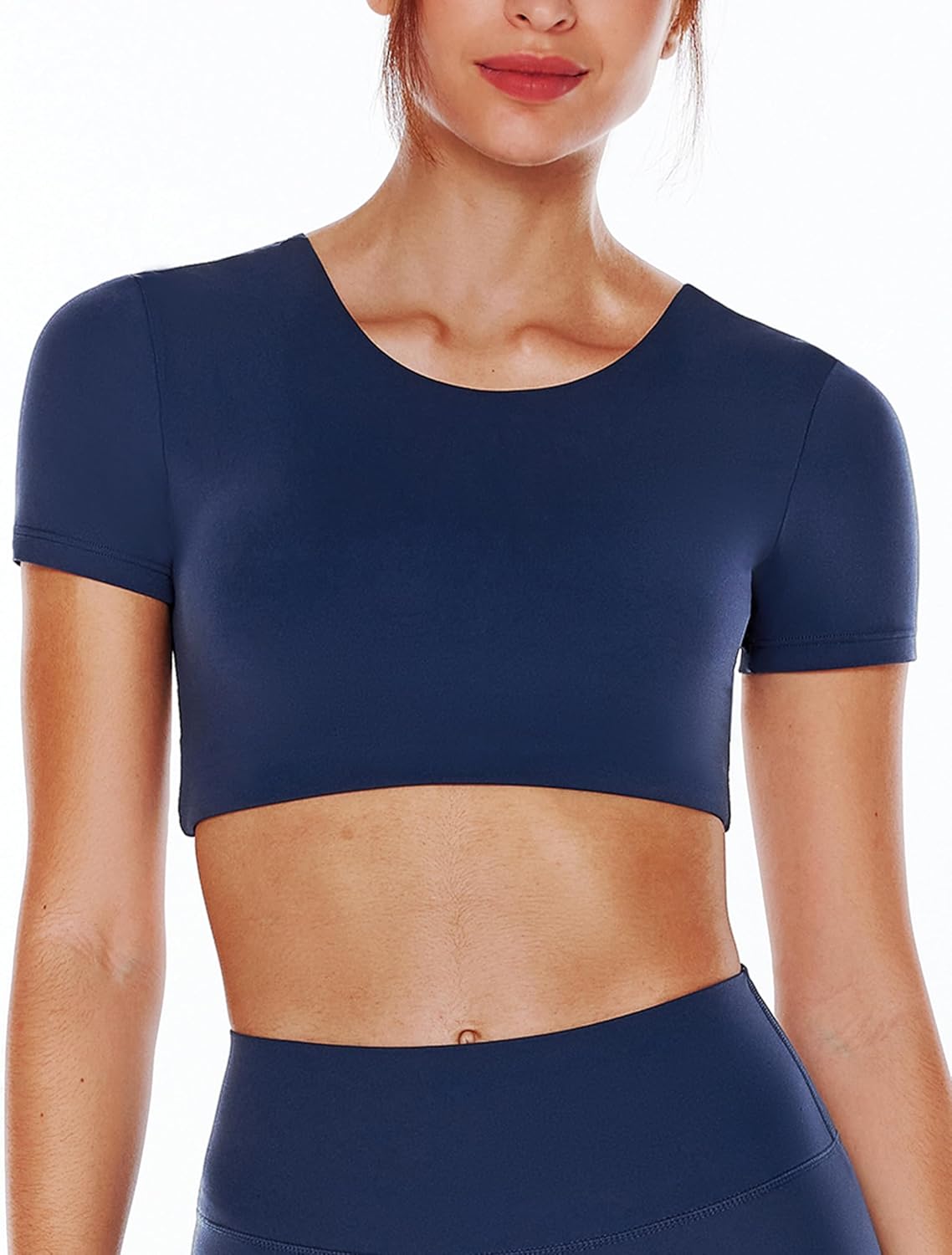 ENERBLOOM Open Back Workout Crop Tops for Women Backless Yoga Shirts Gym Short Sleeve Mild Support Compression Tee with Bra
