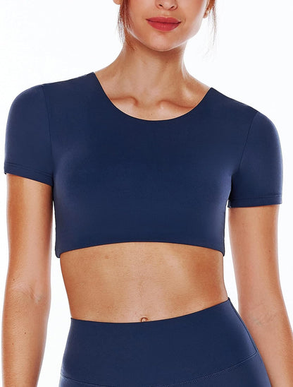ENERBLOOM Open Back Workout Crop Tops for Women Backless Yoga Shirts Gym Short Sleeve Mild Support Compression Tee with Bra