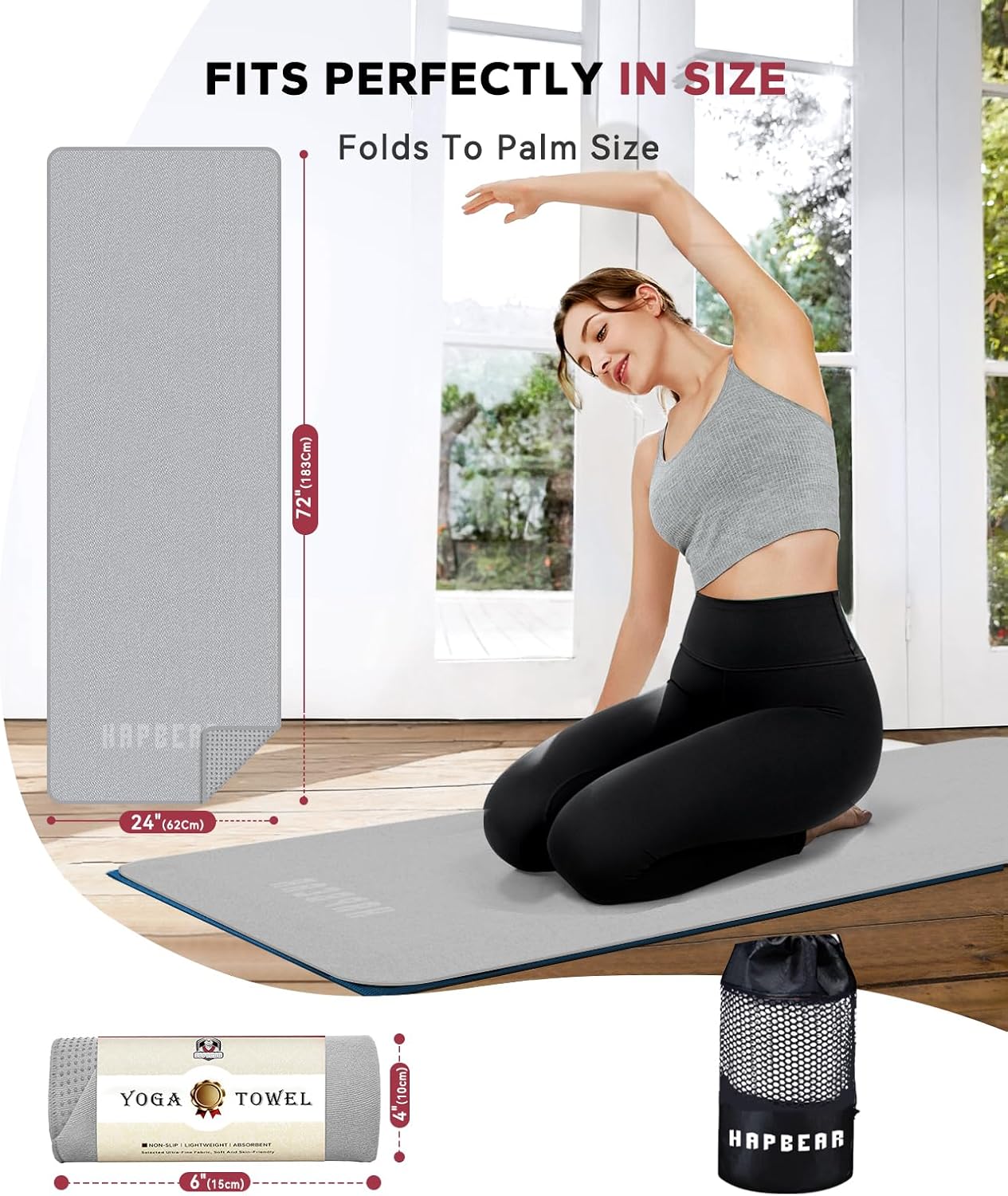 HAPBEAR Hot Yoga Towel with Non-Slip Grip Dots, Super-Absorbent Microfiber Yoga Mat Towel for Sweaty Bikram, Pilates and Studio Workouts - Grey