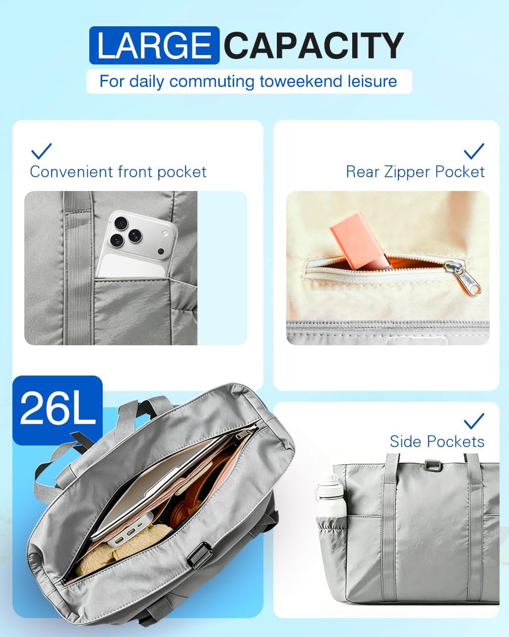 Tote Bag for Women, 26L Capacity Travel Purses Work Bag, Small Zipper Tote Bag for Travel Nurse Gym Teacher