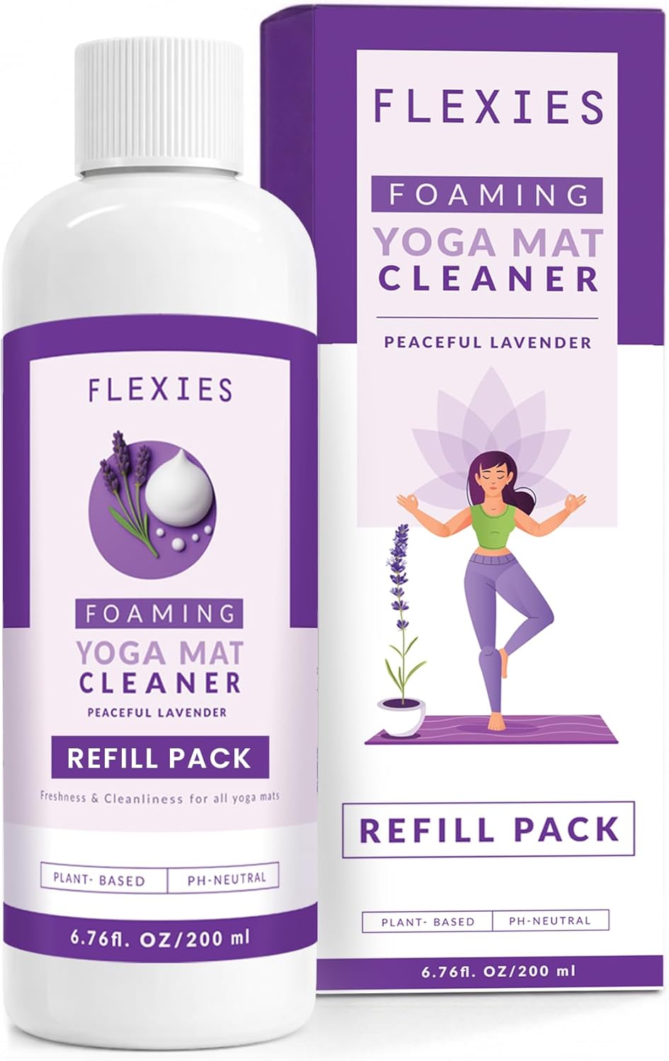 Flexies Foaming Yoga Mat Cleaner Spray Kit, Plant Based Non Toxic Mat Cleaner with Brush and Microfiber Cloth, Yoga Essentials for Women and Men, Pilates Mat Care, Lavender