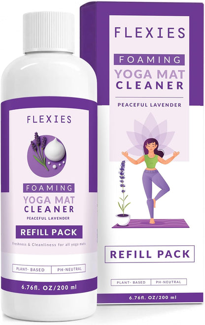 Flexies Foaming Yoga Mat Cleaner Spray Kit, Plant Based Non Toxic Mat Cleaner with Brush and Microfiber Cloth, Yoga Essentials for Women and Men, Pilates Mat Care, Lavender
