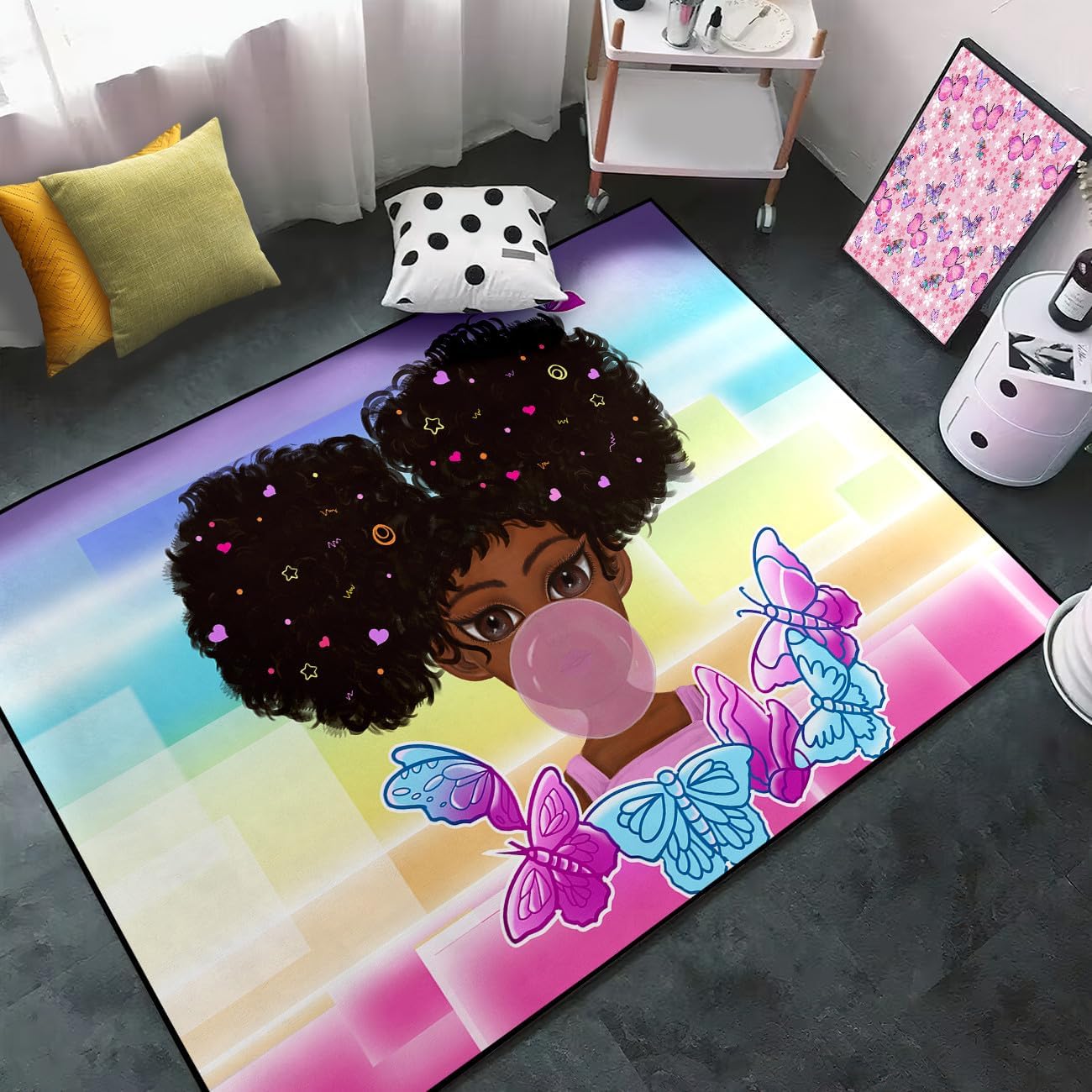 Black Girl Area Rug for Bedroom African Black Girls Floor Rugs for Living Room Playroom Cartoon Art Home Decor Soft Yoga Mats for Women Afro Purple 47" x 31" (2.7 x 3 Feet)