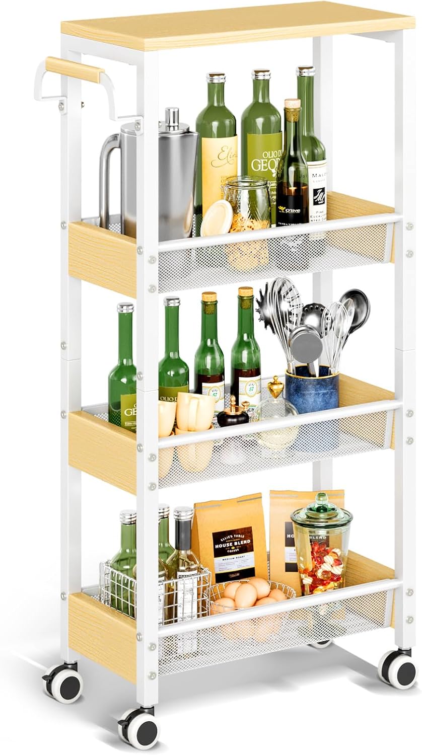 4 Tier Home Gym Storage Rack with Wheels, Yoga Mat Rack Small Dumbbell Weight Rack, Multi-Functional Wood Metal Gym Equipment Storage Rack Workout Cart for Women Kettlebell Fitness Organizer