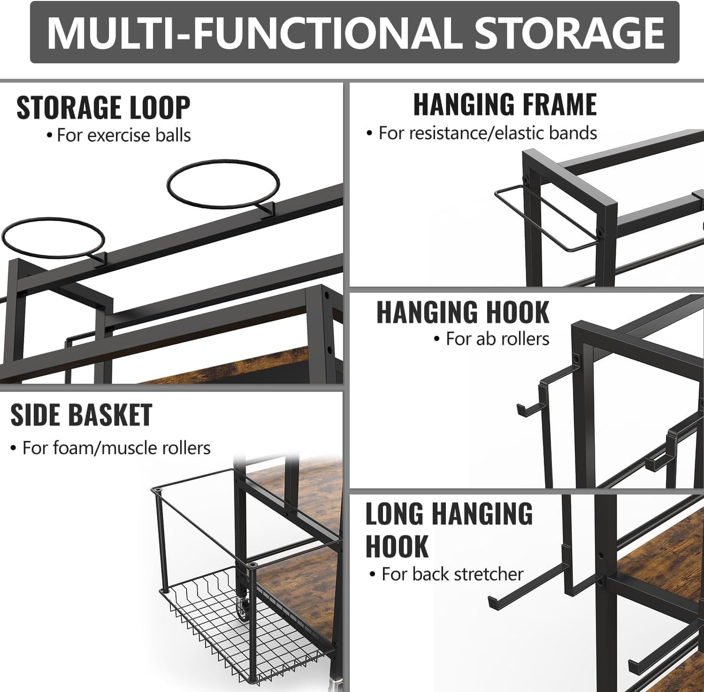 EasyCom Home Gym Storage, 4 Tier Large Capacity Rack for Dumbbells Kettlebells Foam Roller, Yoga Mat Strap and Resistance Bands, Exercise/Workout Equipment Storage Gym Organizer With Hooks and Wheels