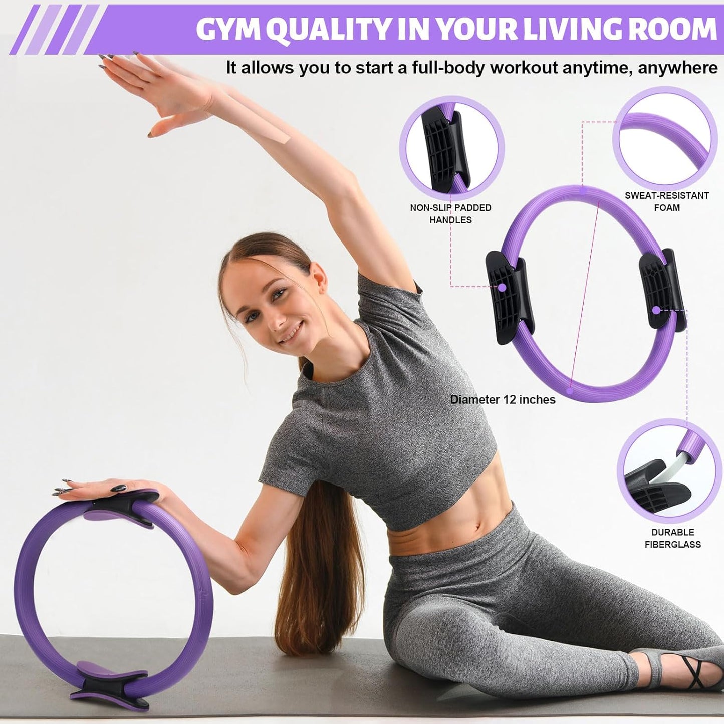 RoundFunny Pilates Ring Circle Set 18 Pcs Exercise Equipment Accessories for Women Workouts Pilates Ball Stretching Strap Magic Circle Yoga Ring Gym Back Bag Resistance Band Anti Slip Socks
