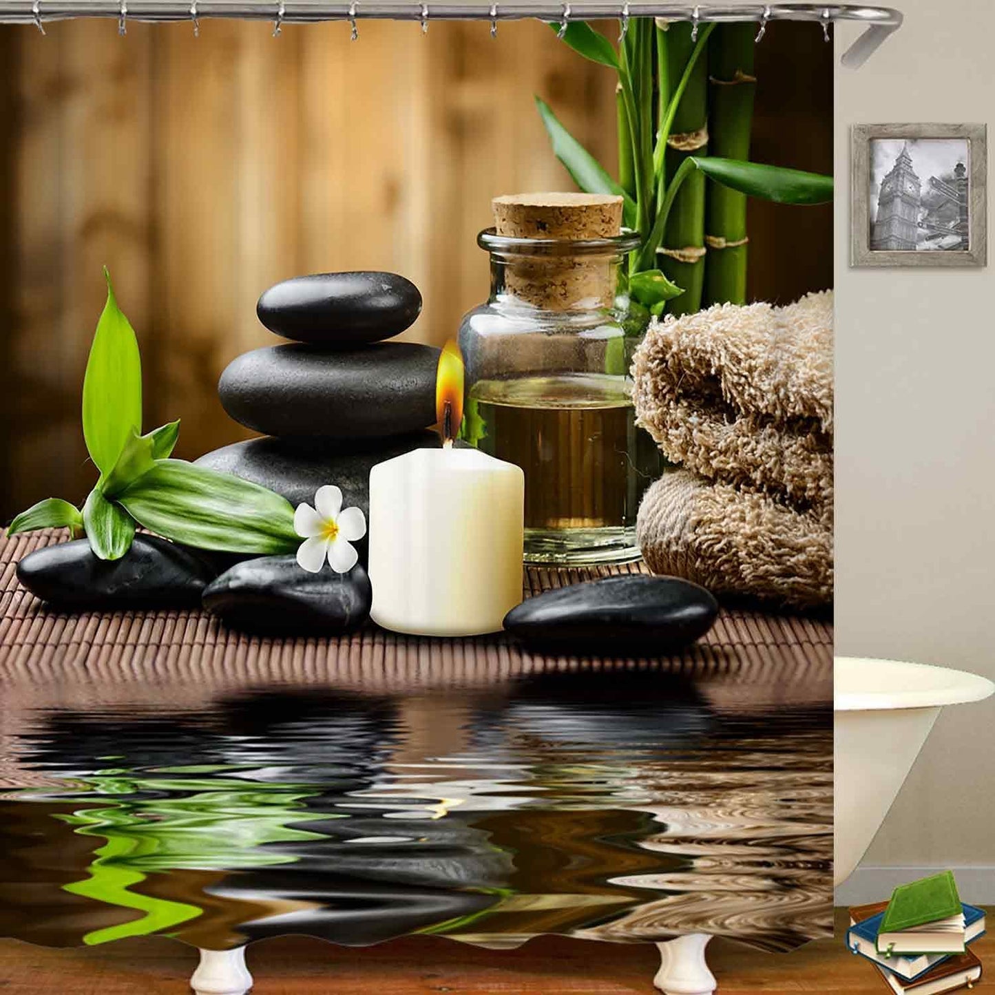 4PCS Spa Zen Shower Curtain Sets with Rugs, White Shower Curtain, Pink Floral Orchid Lotus Water Lily Stone Bamboo Water Reflection Yoga Massage Relaxing Spiritual Meditation Bathroom Decor