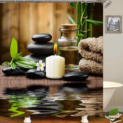 4PCS Spa Zen Shower Curtain Sets with Rugs, White Shower Curtain, Pink Floral Orchid Lotus Water Lily Stone Bamboo Water Reflection Yoga Massage Relaxing Spiritual Meditation Bathroom Decor