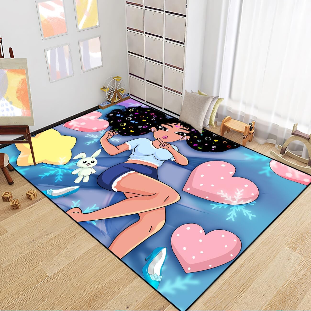 Black Girl Area Rug for Bedroom African Black Girls Floor Rugs for Living Room Playroom Cartoon Art Home Decor Soft Yoga Mats for Women Afro Purple 47" x 31" (2.7 x 3 Feet)