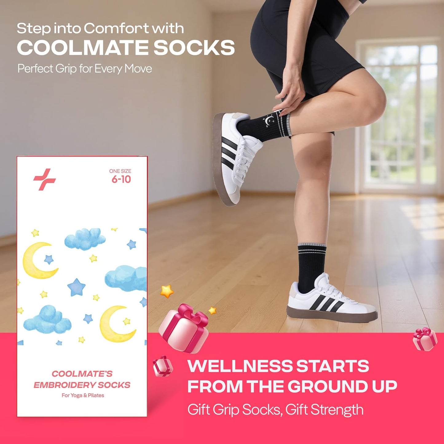 COOLMATE Pilates Socks with Grips for Women, Yoga Socks, Crew Non Slip Women for Barre, Pilates Gifts for Women - Colors B