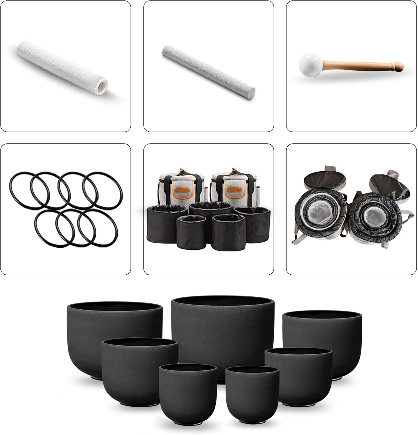 Ryan Dvan 432Hz 7"-12" Set of 7 Crystal Singing Bowl Set ¨C Gradient Color Quartz Bowls for Chakra Healing, Meditation, Sound Bath & Yoga.Sound Therapy Tools with Suede Mallets & O-Rings.