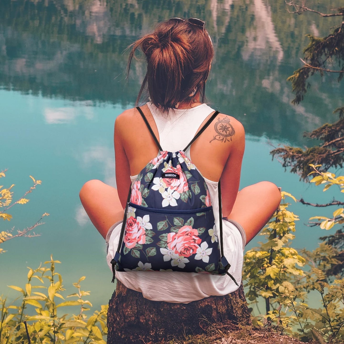 WANDF Drawstring Backpack String Bag Sackpack Cinch Water Resistant Nylon for Gym Shopping Sport Yoga (Black)