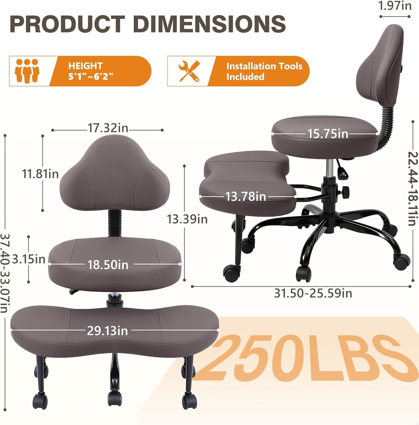 AtHope Cross Legged Office Chair, Criss Cross Desk Chair ADHD Meditation Kneeling Yoga Seat with Adjustable Height, Lumbar Support, Wider Footrest and Wheels (Black)