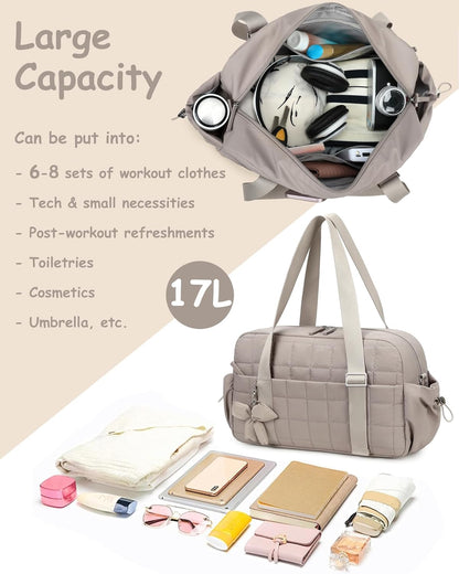 CAMTOP Mini Gym Bag for Women, Small Gym Tote Bag Puffy Quilted Sports Duffel Bag with Wet Compartment and Coin Purse Duffel Bags Dance Yoga Workout Bag for Gifts (All Black, Mini-12.6")