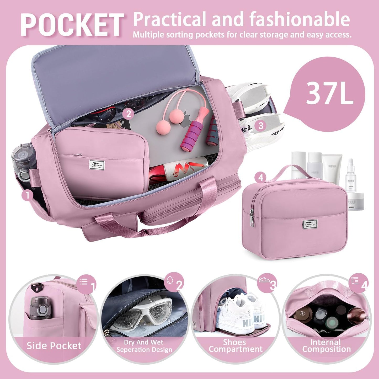 FIORETTO Women's Gym Duffle Bag with Shoes Compartment, 30L Capacity, Ideal for Travel, Gym, Sports, Duffel, Weekender