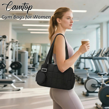 CAMTOP Mini Gym Bag for Women, Small Gym Tote Bag Puffy Quilted Sports Duffel Bag with Wet Compartment and Coin Purse Duffel Bags Dance Yoga Workout Bag for Gifts (All Black, Mini-12.6")