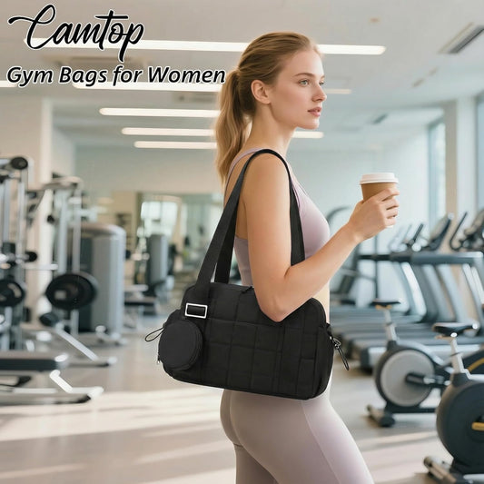 CAMTOP Mini Gym Bag for Women, Small Gym Tote Bag Puffy Quilted Sports Duffel Bag with Wet Compartment and Coin Purse Duffel Bags Dance Yoga Workout Bag for Gifts (All Black, Mini-12.6")