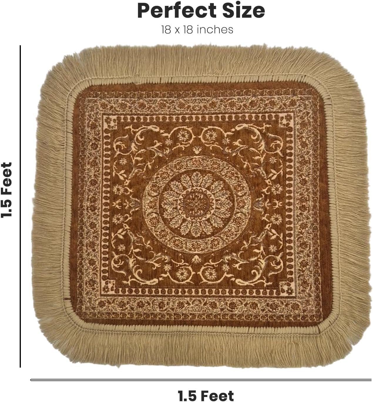 Soft Chenille Prayer Mat | Traditional Mandala Floral Pooja Aasan with Golden Fringes | Multipurpose Square Rug for Meditation, Yoga, Puja Room & Home (Red, 2x2 Feet)
