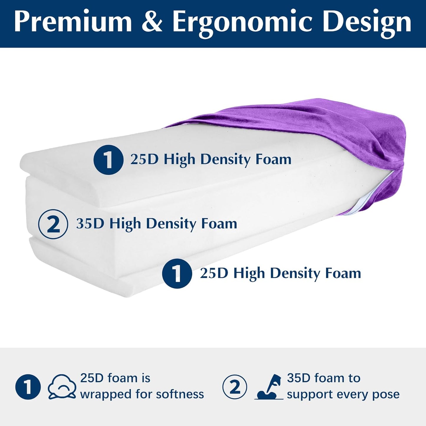 2-Pack Yoga Bolster Pillow Set: Rectangular & Cylinder Pillows for Meditation and Support, Yoga Pillows with Washable Velvet Cover, Triple-Layer Sponge with Carry Handle, Purple