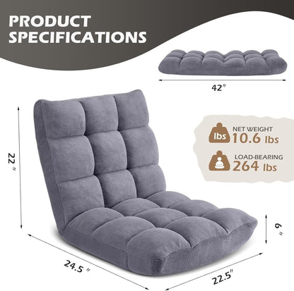Folding Floor Gaming Chair 14-Poistion Cushioned Adjustable Floor Lazy Sofa Chair w/Breathable Cotton & Skin-Friendly Coral Velve for Adults & Kids Perfect for Reading Gaming Meditating, Grey