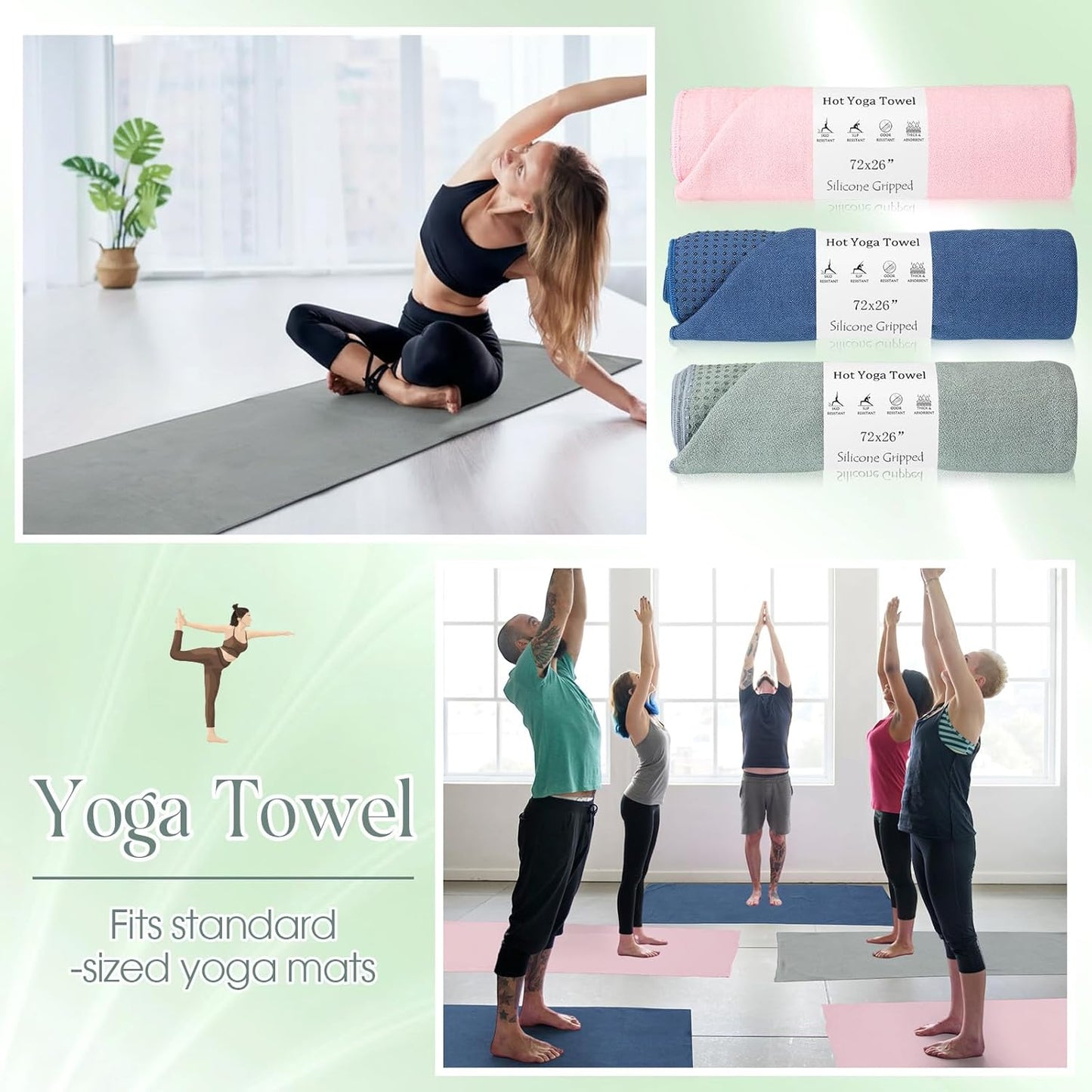 Hahafelt 3 Pack Hot Yoga Mat Towel Non Slip Microfiber Pilates Towel with Grip Dots & Elastic Straps, 72" x 26" Absorbent Sweat Anti-Slip Hot Yoga Gym Mat for Fitness Workout(Beige Dark Gray Coffee)