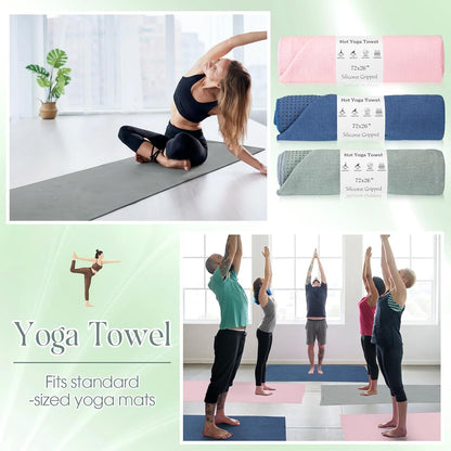 Hahafelt 3 Pack Hot Yoga Mat Towel Non Slip Microfiber Pilates Towel with Grip Dots & Elastic Straps, 72" x 26" Absorbent Sweat Anti-Slip Hot Yoga Gym Mat for Fitness Workout(Beige Dark Gray Coffee)
